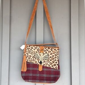 Panache Suede Black and Red plaid Handbag, snap closure, suede tassel & bottom.